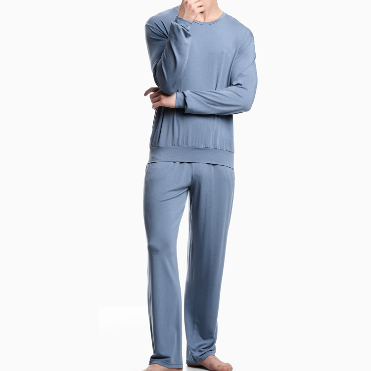 CHINEE Two Piece Pyjamas for Men Lyocell Pajama Set Long Sleeve Tshirt and Pant Crew Neck Jumper Sustainable Night Wear Sleepwear