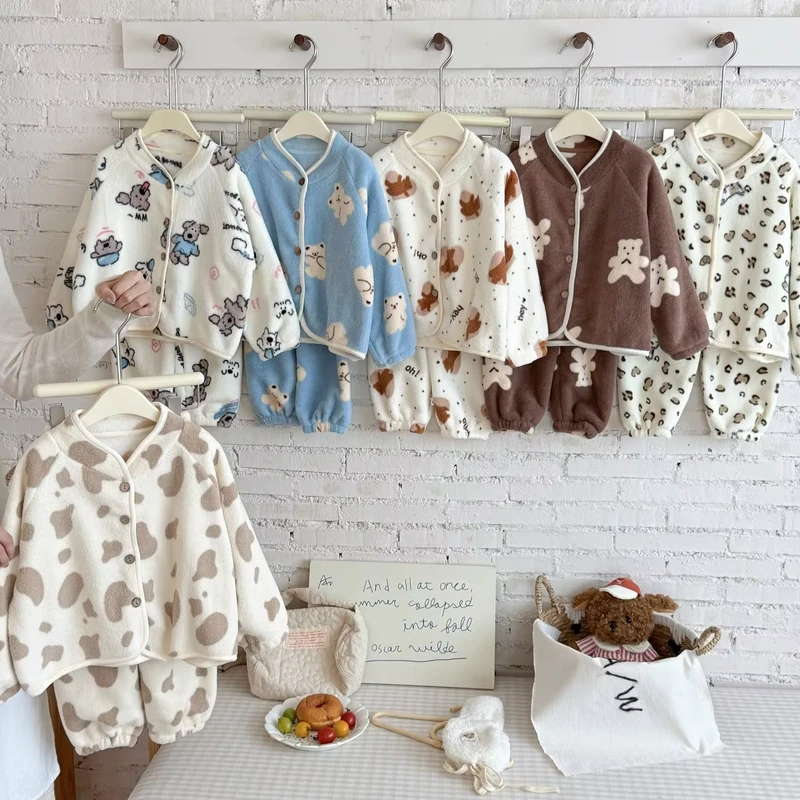 CHINEE Two Piece Set Autumn Cartoon Print Cute Long Sleeve Fleece Thick Warm Kids Baby Children's Pajamas Clothing Sets