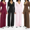 CHINEE Two Piece Set Women Breathable Lightweight Elegant V Neck Wrap Top Long Sleeve Wide Leg Pants Balletcore Yoga Lounge Sets