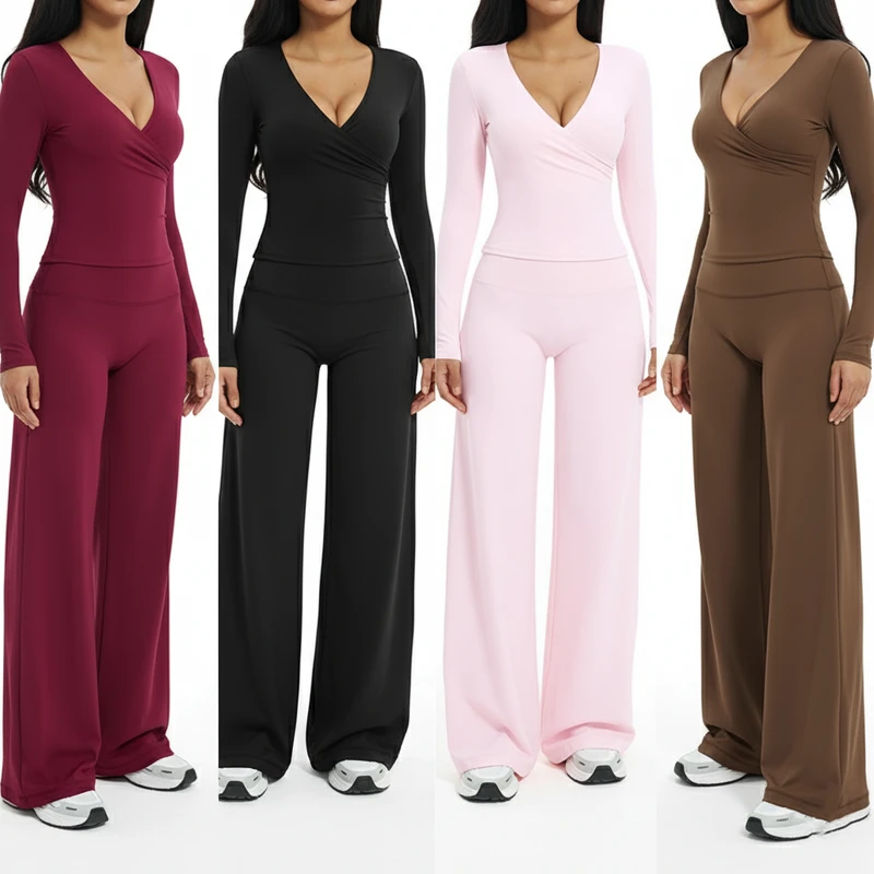 CHINEE Two Piece Set Women Breathable Lightweight Elegant V Neck Wrap Top Long Sleeve Wide Leg Pants Balletcore Yoga Lounge Sets