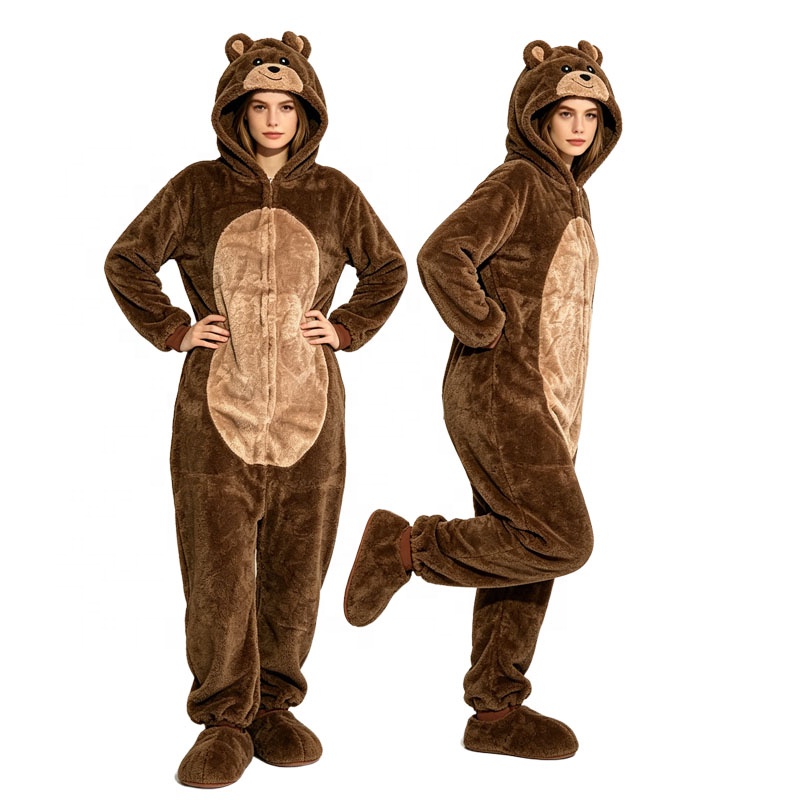 CHINEE Unisex Adult Brown Bear Animal Onesie Pajamas Soft Flannel Full Zip Cosplay Costume Winter Warm Home Sleep Jumpsuit