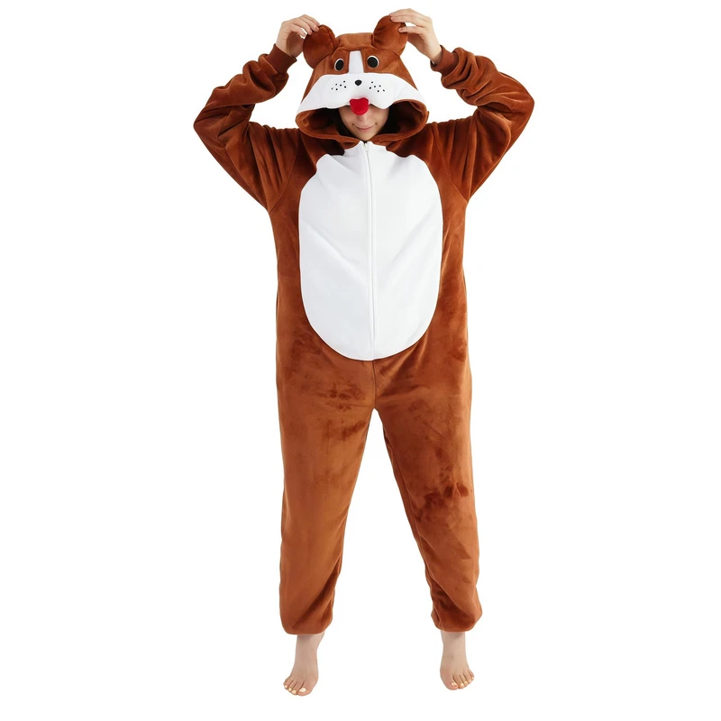CHINEE Unisex Adult Flannel Onesie Comfortable Animal Halloween Cosplay Costume Sleepwear with Hood for Men and Women