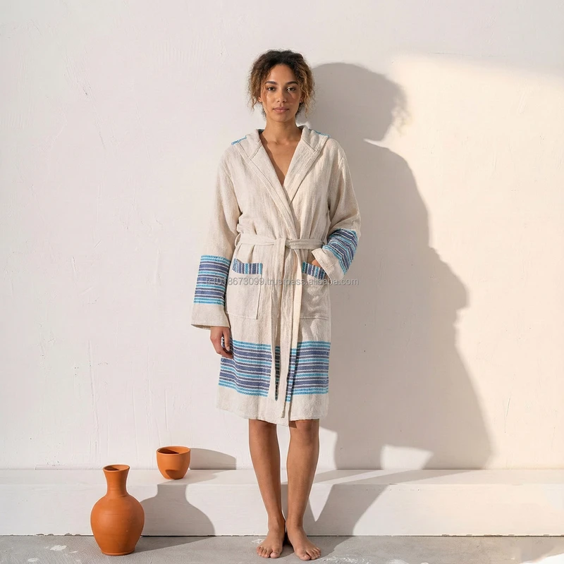 CHINEE Unisex Cotton Bathrobe Lightweight Linen Woven Quick Dry Breathable Spring Summer Solid All Year XL Made Turkey Sleepwear Lounge