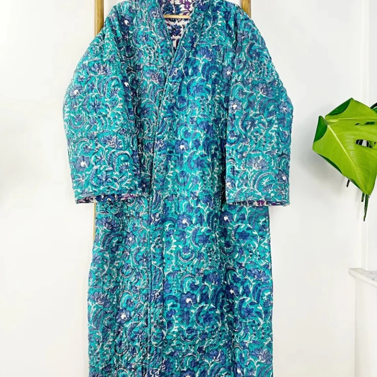 CHINEE Unisex Quilted 100% Pure Cotton Kimono Robe Casual Boho Block Print Soft Reversible Long Dressing Kimono Robe For Women
