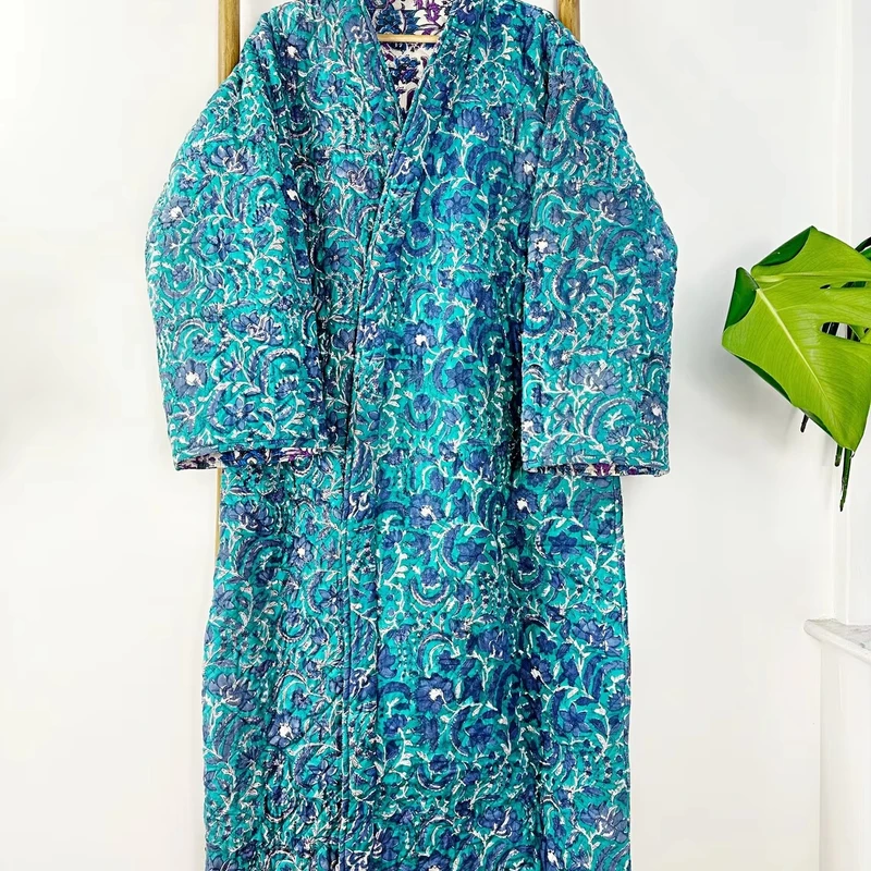 CHINEE Unisex Quilted 100% Pure Cotton Kimono Robe Casual Boho Block Print Soft Reversible Long Dressing Kimono Robe For Women