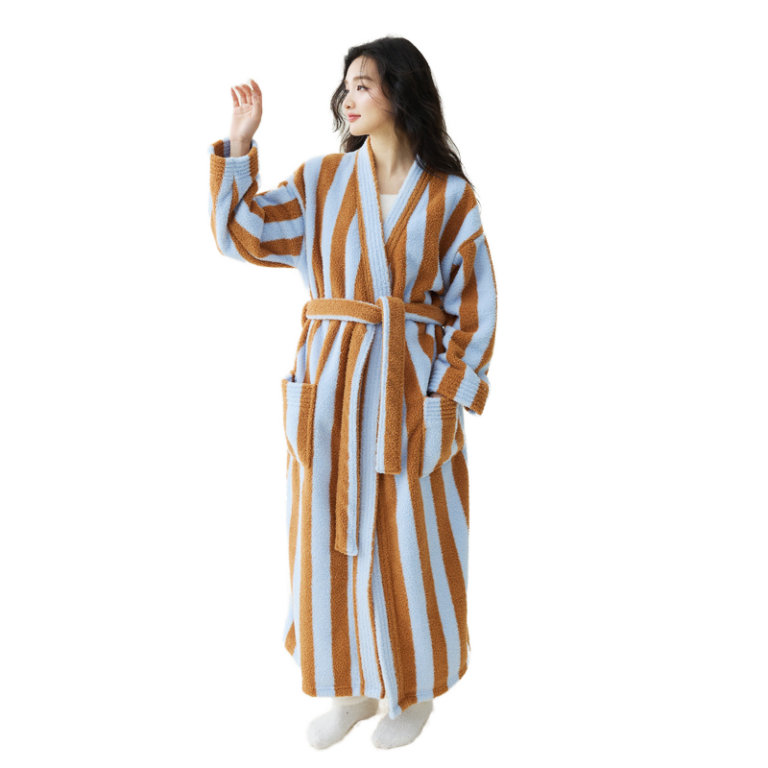 CHINEE-Unisex-Winter-Fleece-Long-Robes-Bathrobe-Fleece-Sleepwear-Super-Absorbent-Stripe-Bathrobe-In-Multi-Color-Options