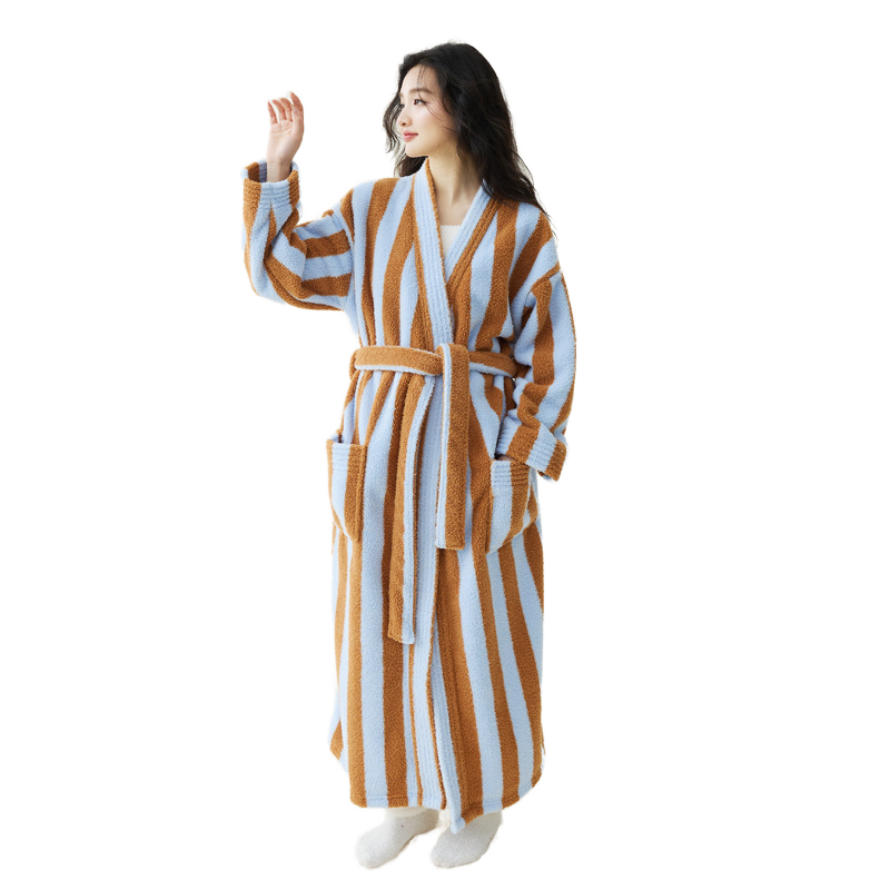 CHINEE Unisex Winter Fleece Long Robes Bathrobe Fleece Sleepwear Super Absorbent Stripe Bathrobe In Multi Color Options