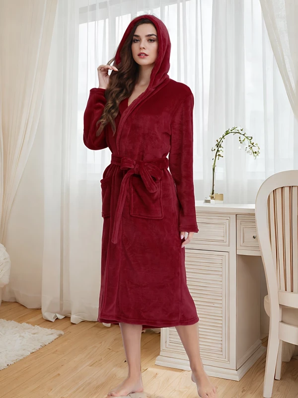 CHINEE-Unisex-Winter-Thermal-Soft-Warm-Spa-Bath-Robes-Fleece-Flannel-Elastic-Waist-Knee-Length-Vacation-Style-Nightwear-Morning-Gown