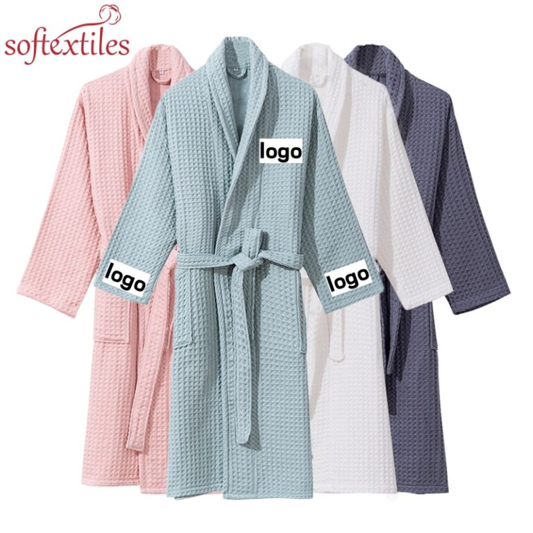 CHINEE Unisex Women Bathrobe Breathable Spa Hotel Lightweight 100% Cotton Waffle Bath Robe Long Sleeve Colorful Soft Robe Washable
