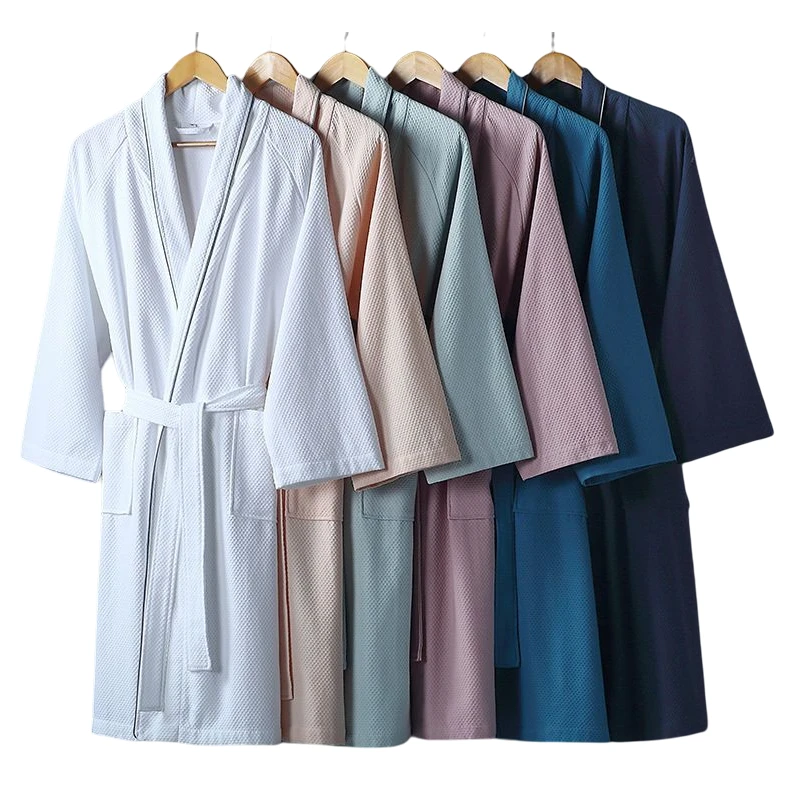 CHINEE Unisex Women and Men Bathrobe 100% Cotton Waffle Robe Breathable Spa Hotel Lightweight Bath Robe Pajamas