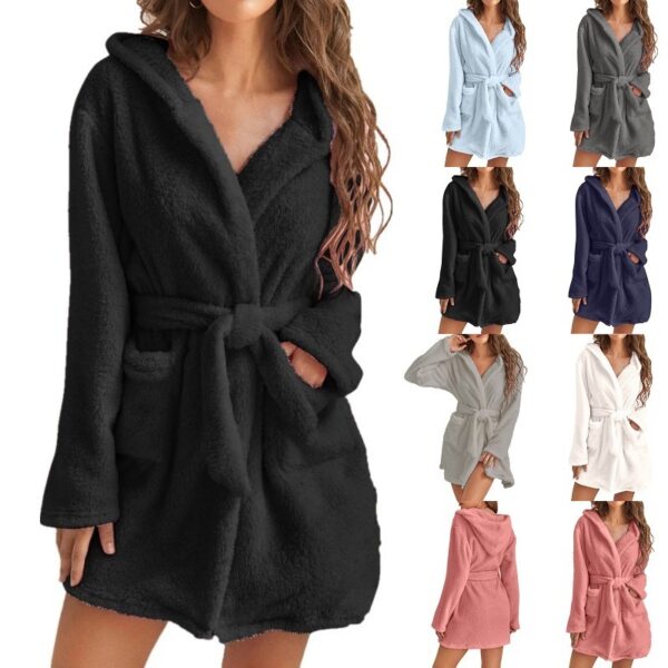 CHINEE Vanfound Women's Premium Quality Solid Color Warm Bathrobe for Home Use Autumn Winter Hooded Plush Pajamas Short Length XL for