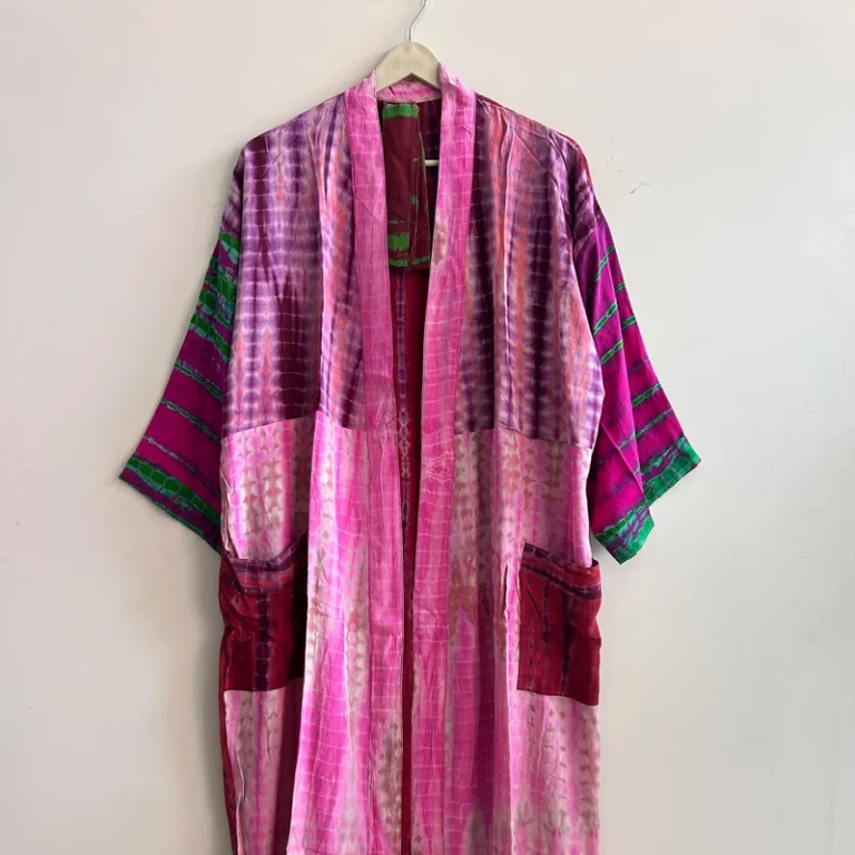 CHINEE Vintage Soft and Comfy Silk Kimono Robe Handmade Tie Dye Long Dressing Gown Beach Cover Up
