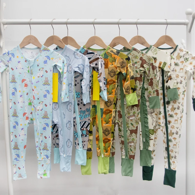 CHINEE WEIWEI Custom Print Bamboo Fiber 220 GSM Anti Shrink Baby Zipper Footed Sleeper Romper Toddler Kids Pajamas