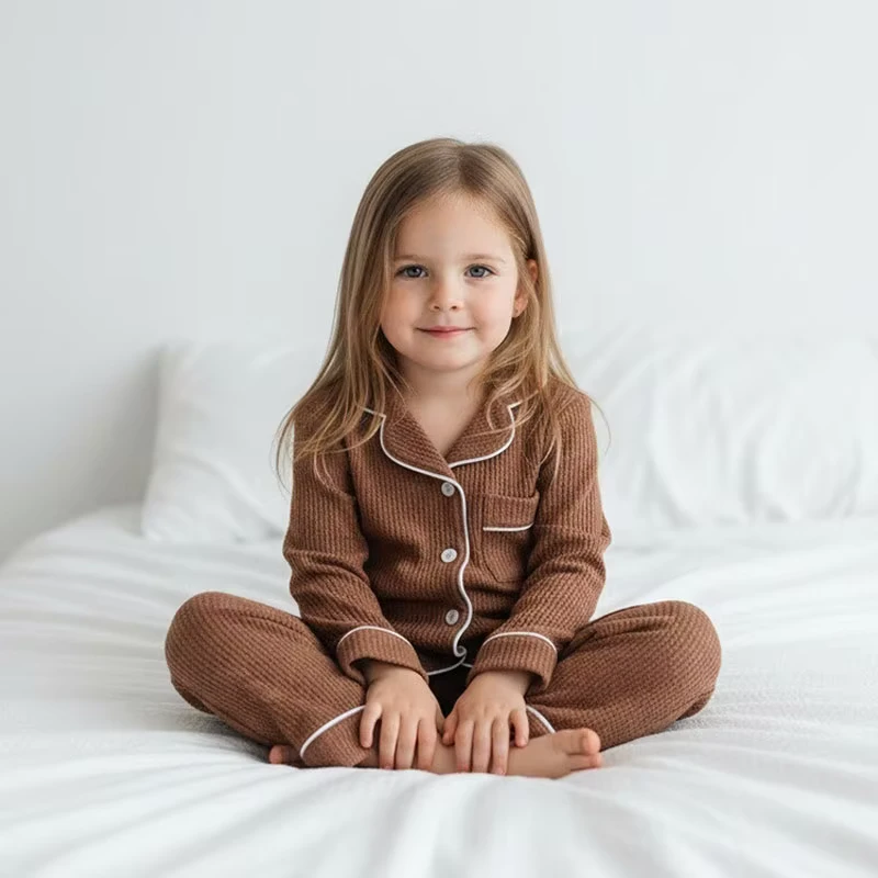 CHINEE Waffle Knit Cotton Baby Girls Pajamas Set Custom Long Sleeve Collared Knitted Quick Dry Breathable Solid Sleepwear for Kids