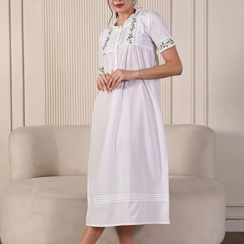 CHINEE White 100% Cotton Embroidered Pintuck Maxi Nightgown Vintage Style Sweet Breathable Washable Loose Waist Design