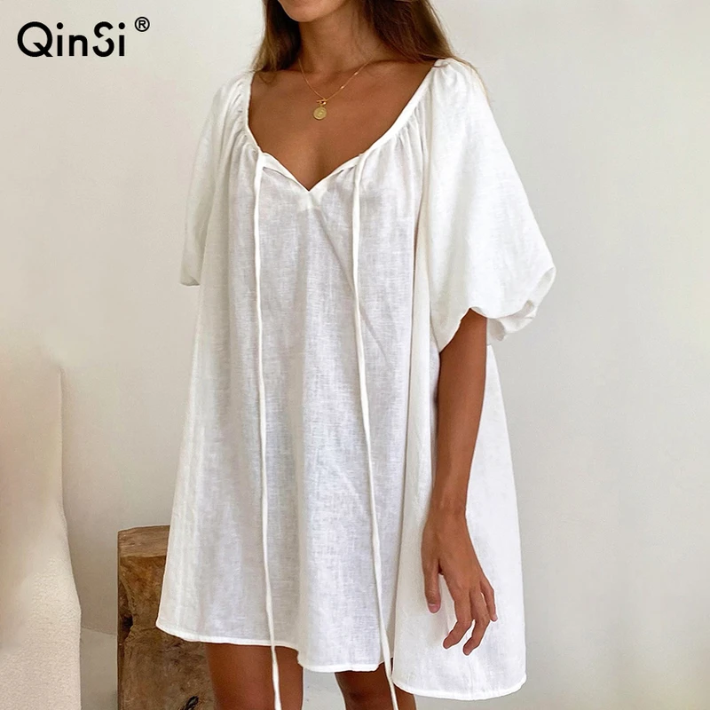 CHINEE White Casual Night Dresses for Woman Cotton V Neck Ribbon Short Sleeves Mini Nightgown Breathable Sexy Nightie for Women