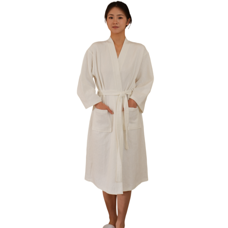 CHINEE-White-Customized-Jacquard-Hotel-Bathrobe-Polyester-cotton-Blend-Embossed-Bathrobe-SPA-Softness-Robe