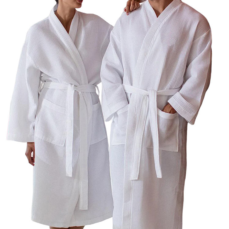 CHINEE White Waffle Bath Robe 100% Cotton Waffle Bathrobe Spa Robe Lightweight Kimono Bath Robe
