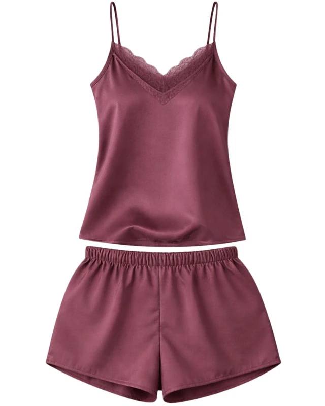 CHINEE Wine Red Satin Camisole Shorts Set Women Sleepwear Lace Trim Spaghetti Strap Soft Breathable Summer Nightwear Pajama Set Lounge