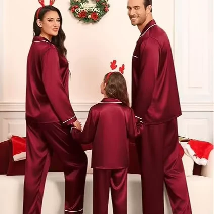 CHINEE Wine Red Satin Family Pajamas Sets Burgundy Silk Like Sleepwear Christmas Holiday Button Pjs Adults Kids Front Logo Eco Friendly