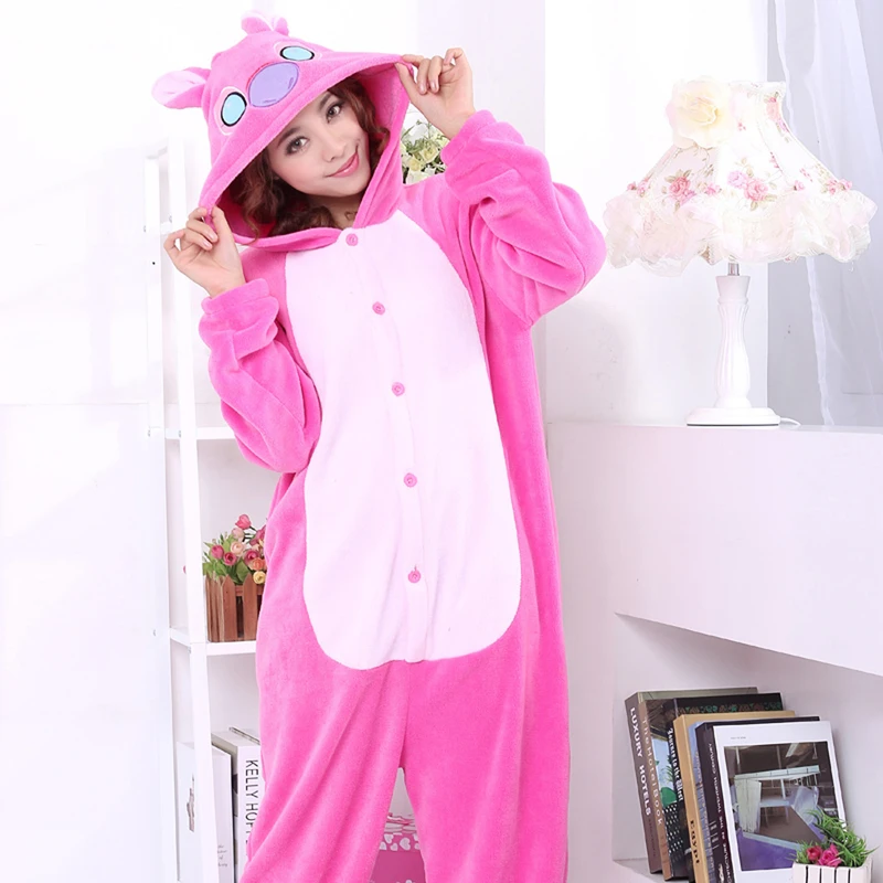 CHINEE Winter Adults Animal Pink Stitch Onesie Women Men Long Sleeve Pijamas Stitch Cartoon Costumes Jumpsuits Christmas Hooded 1 Piece