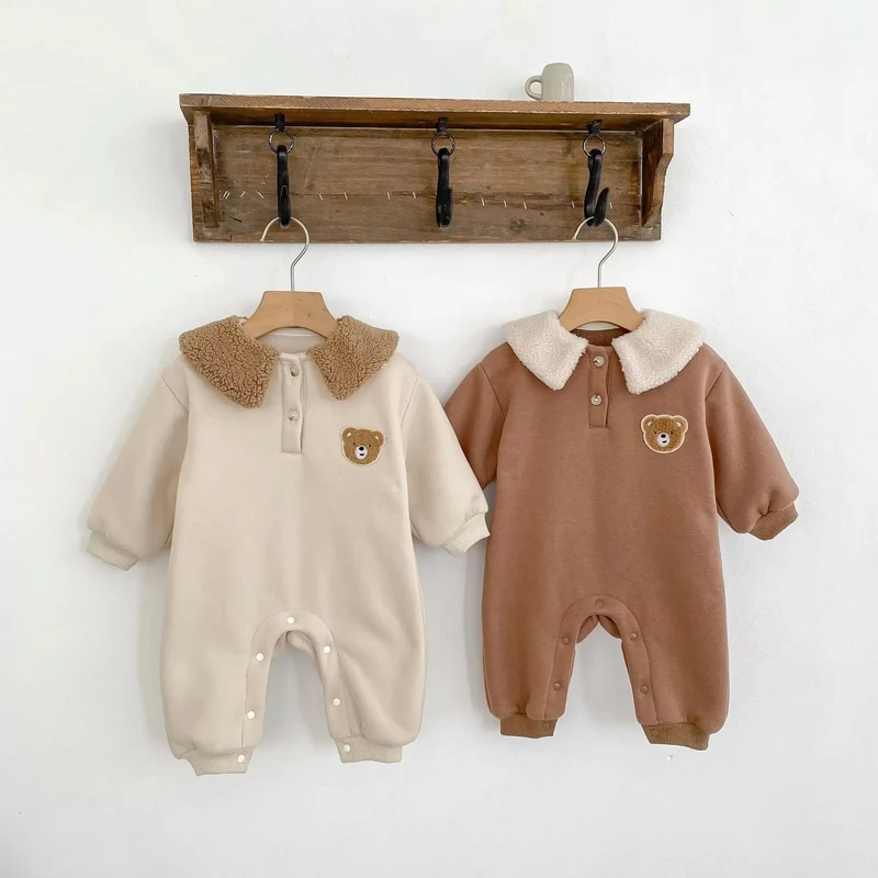 CHINEE Winter Baby Clothes Thickened Baby Girls Spandex Cotton Worsted Plush Bodysuits Lapel Bear Long Sleeve Jumpsuit Snap Button