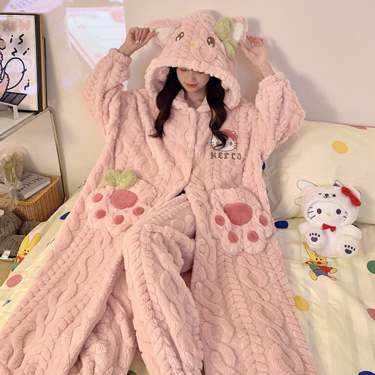 CHINEE-Winter-Coral-Fleece-Ladies-Large-Size-Sleepwear-Set-Thick-Warm-Flannel-Bathrobe-Cute-Cartoon-Hooded-Womens-Warm-Sleepwear
