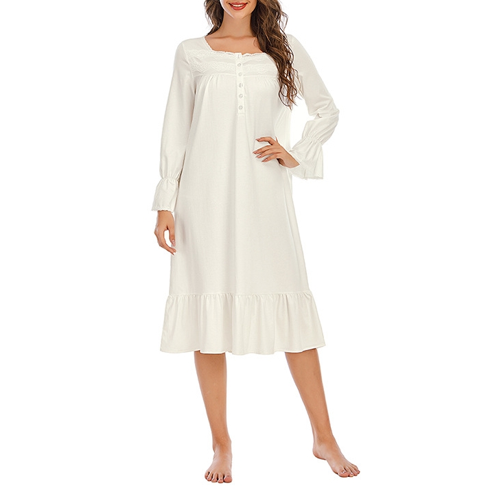 CHINEE Winter Girls Romantic Cotton Nightgown White Sleep Nightdress with Lace Long Sleeved Fat Women's Cotton Nightgowns