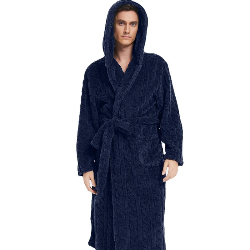 CHINEE Winter Men's Casual Fleece Long Sleeved Loose Hooded Bathrobe with Pockets Solid Thick Jacquard