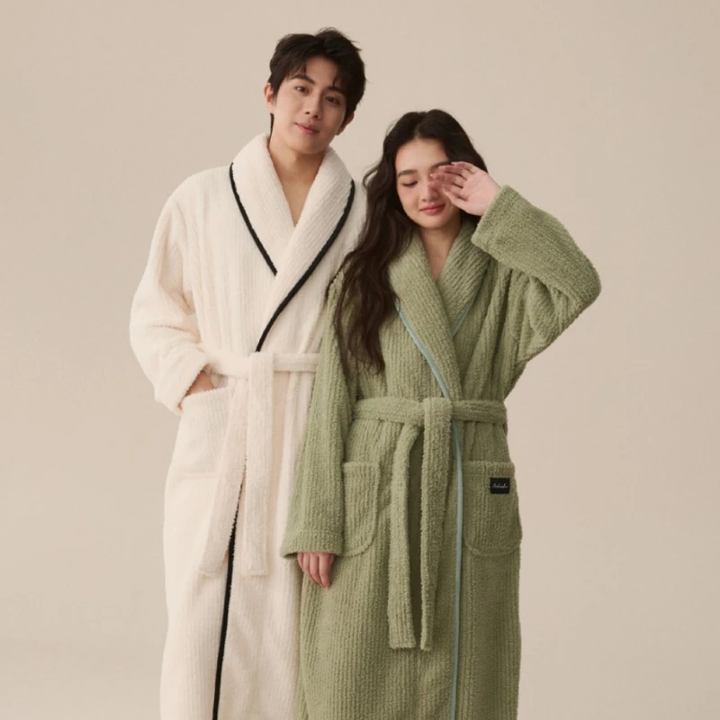 CHINEE Winter Thick Warm Fleece Bathrobe For Men Women Couples Unisex Long Plush Sleepwear Lounge Spa Robe With Pockets