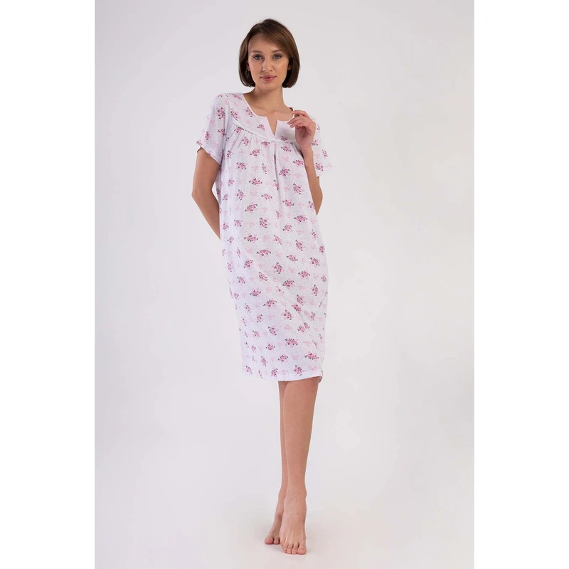 CHINEE Woman Cotton Nightgown Short Sleeve Classic Style Soft Woven Sleepwear Blue
