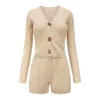 CHINEE Women 2 Piece Pure Soft Cotton Knit Outfits Long Sleeve Sweater Top Shorts Sweat Suits Set