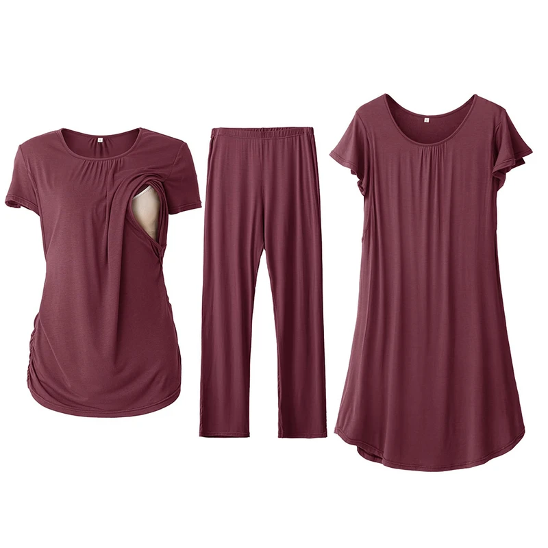CHINEE Women 3 PCS Maternity Nursing Nightgown Dress & Short Sleeve Breastfeeding Top & Pregnancy Maternity Nightgown