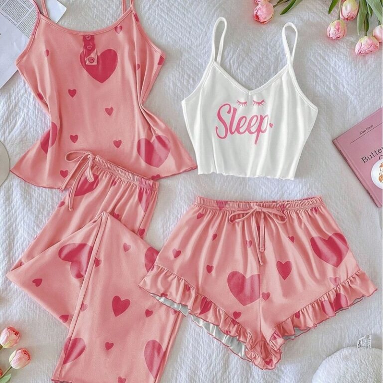 CHINEE-Women-Camisole-Shorts-4-Piece-Sets-Pajamas-Sleep-Letter-Nightwear-Two-Suspender-Top-Trousers-Summer-Sleeveless-Outfits-Sleepwear