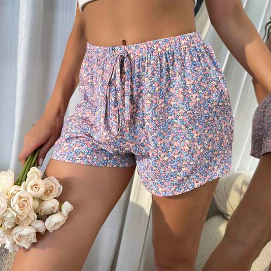 CHINEE Women Canvas Short Jumpsuit Mid Casual Women's Shorts Ditsy Floral Print Knot Waist Sleep Shorts