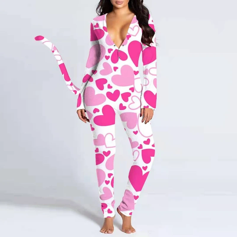 CHINEE Women Casual Knitted ODM Plus Size Long Sleeve Breathable Quick Dry Custom V neck Silk Screen Printed Sleepwear Pajama Onesie