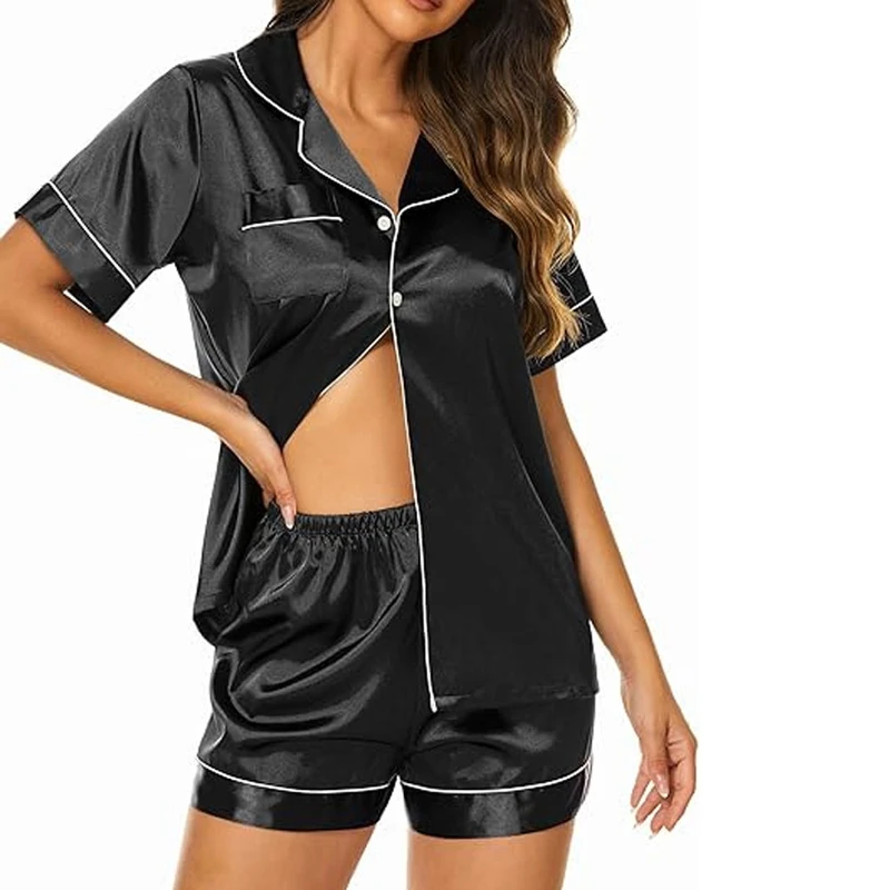 CHINEE Women Casual Loungewear Short Set Short Sleeve Top with Shorts Luxury Women 100% Silk Set Soft Home Wear Sleepwear Customized