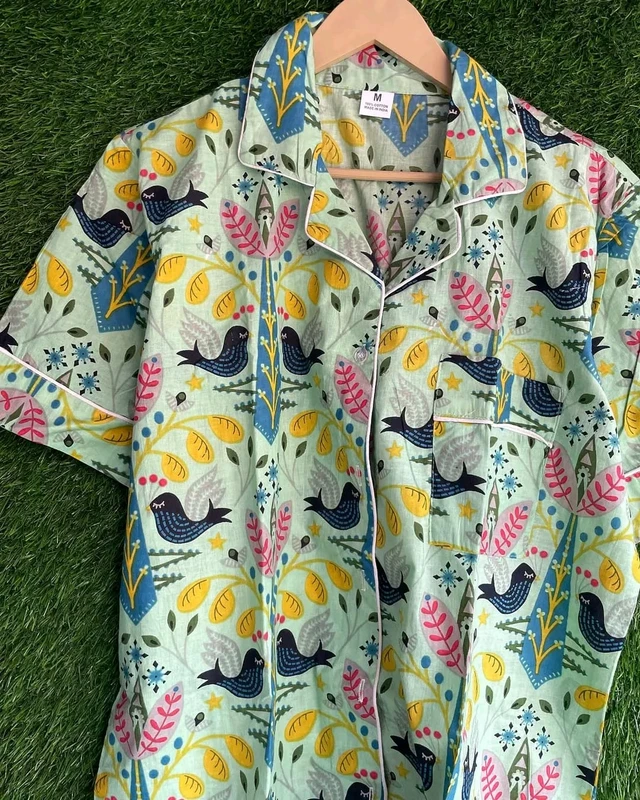 CHINEE Women Cotton Pajama Shirt Short Sleeve Button Up Floral Print Summer Casual Loungewear Dress Loose Fit Sleepwear Top
