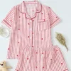 CHINEE Women Crinkle Bubble Textured Pajama Set Short Sleeve Button Shirt Elastic Waist Shorts Heart Stripe Print Crepe Nightwear Pink