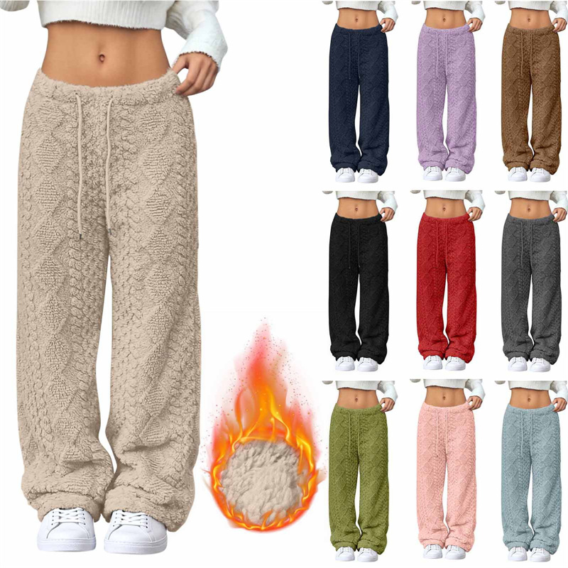 CHINEE Women Fleece Solid Pajama Pants Low Waisted Warm Casual Loose Fuzzy Wide Leg Pants 100% Polyester (Pink Medium)