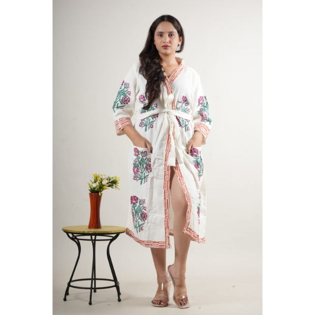 CHINEE Women Floral Embroidered Cotton Kimono Robe V Neck Three Quarter Sleeve Knee Length Loose Fit Hand Embroidery Spring Loungewear
