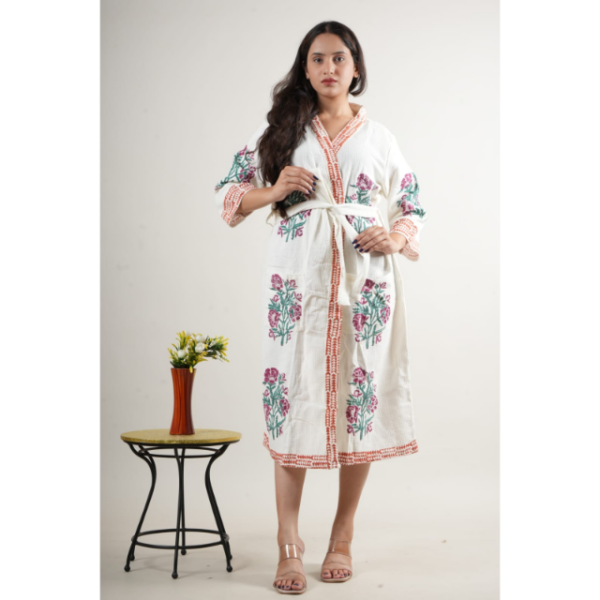CHINEE Women Floral Embroidered Cotton Kimono Robe V Neck Three Quarter Sleeve Knee Length Loose Fit Hand Embroidery Spring Loungewear