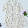 CHINEE Women Floral Pajama Set Short Sleeve Shirt Elastic Waist Shorts Printed Crepe Sleepwear Lounge Homewear Nightwear