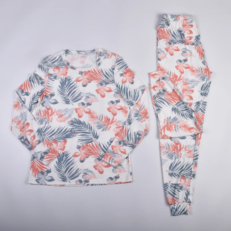CHINEE Women Floral Print Ribbed Loungewear Set Soft Long Sleeve Top and Matching Pants Cozy Stretch Pajama Outfit