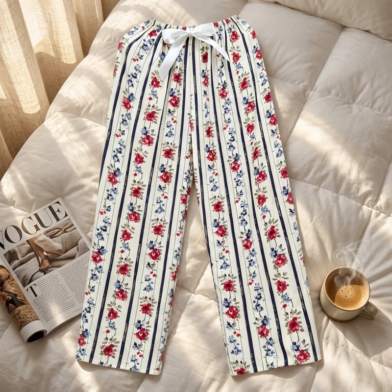 CHINEE Women Full Length Casual Pajama Pants Soft Smooth Breathable Elastic Waist Printed Loungewear Trouser