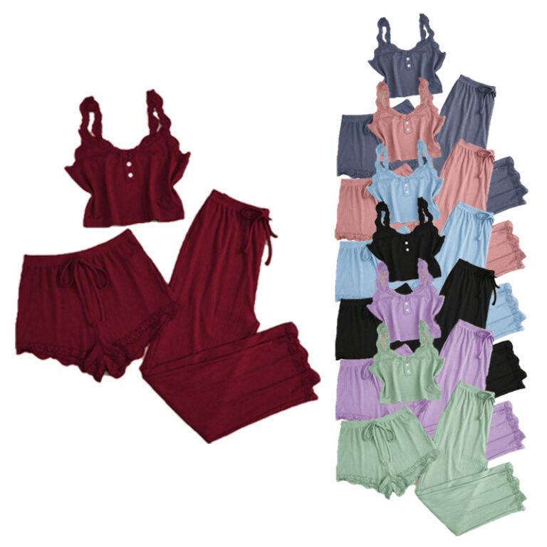 CHINEE-Women-High-Stretch-Ribbed-Pajama-Set-Floral-Lace-Trim-Camisole-Shorts-Long-Pants-Soft-Breathable-Lounge-Wear