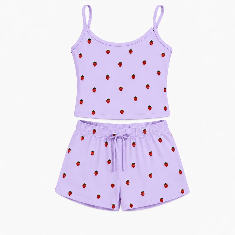 CHINEE Women Knitted Strawberry Print Nightwear Breathable Pajamas Camisole Shorts 2 Piece Set Summer Home Wear For Daily Wear