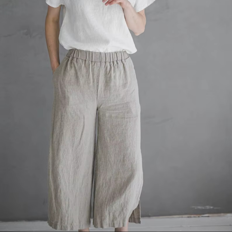 CHINEE Women Linen Vintage Floral Breathable Quick Dry Pajama Pants Regular Fit Elastic Waist Casual Lounge Trousers