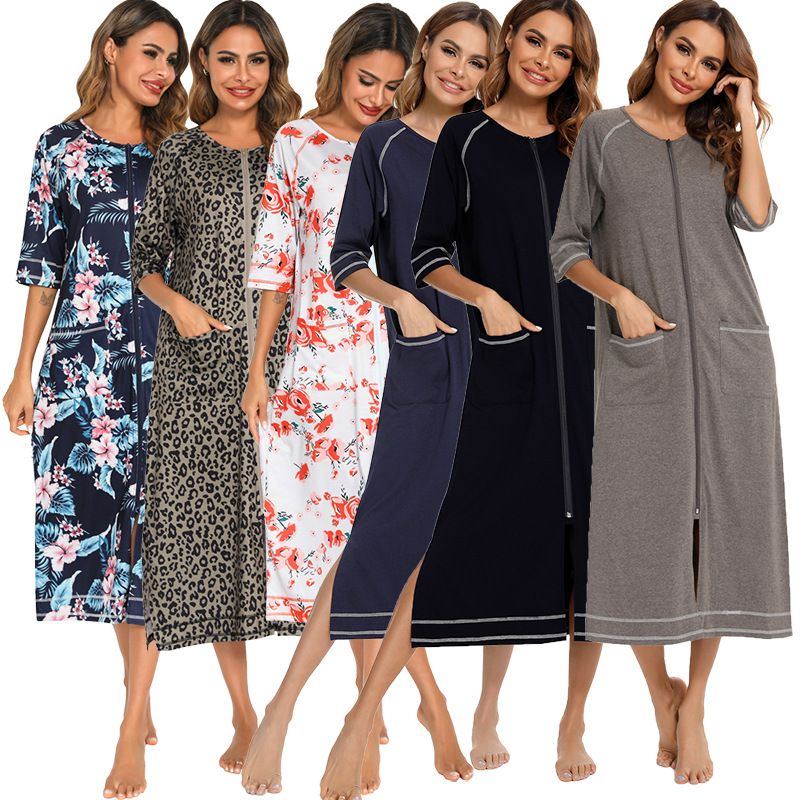 CHINEE Women Long Sleepwear Soft Zipper Front Robes Autumn Nightgown Warm Kimono Loungewear Maternity Bathrobe Pajamas