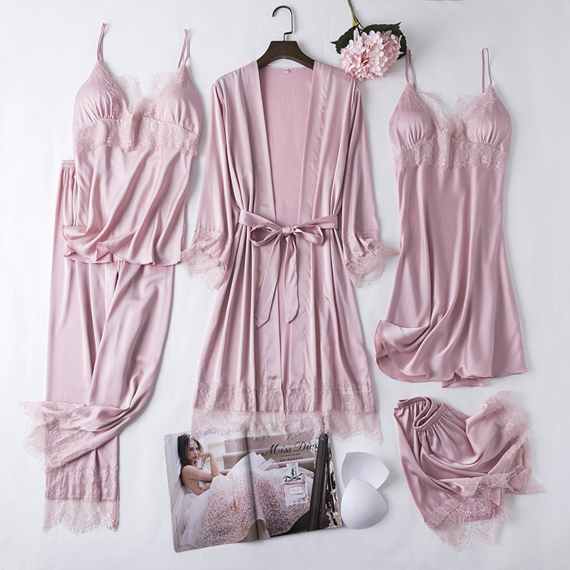 CHINEE Women Long Sleeve Sleepwear Solid Satin Summer 5 Pieces Pajamas Sets Women Nightgown